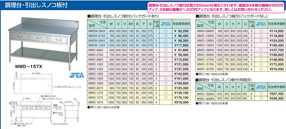 プロストアのマルゼン 調理台引出しスノコ板付 BG無 MWD-156NX W1500×D600×H800 エクセレントシリーズ SUS430｜アングル3