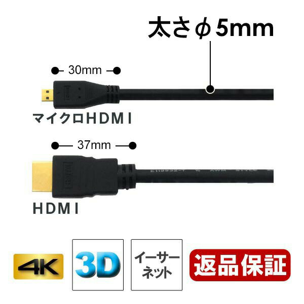 マイクロ HDMIケーブル 1m micro HDMI変換ケーブル 4K対応 ver 2.0 規格 AVケーブル ARC 4K 2K 2160P フルHD 1080p 60p コネクトケーブル 3Aカンパニー AVC-HDMI10MC 【メール便送料無料】
