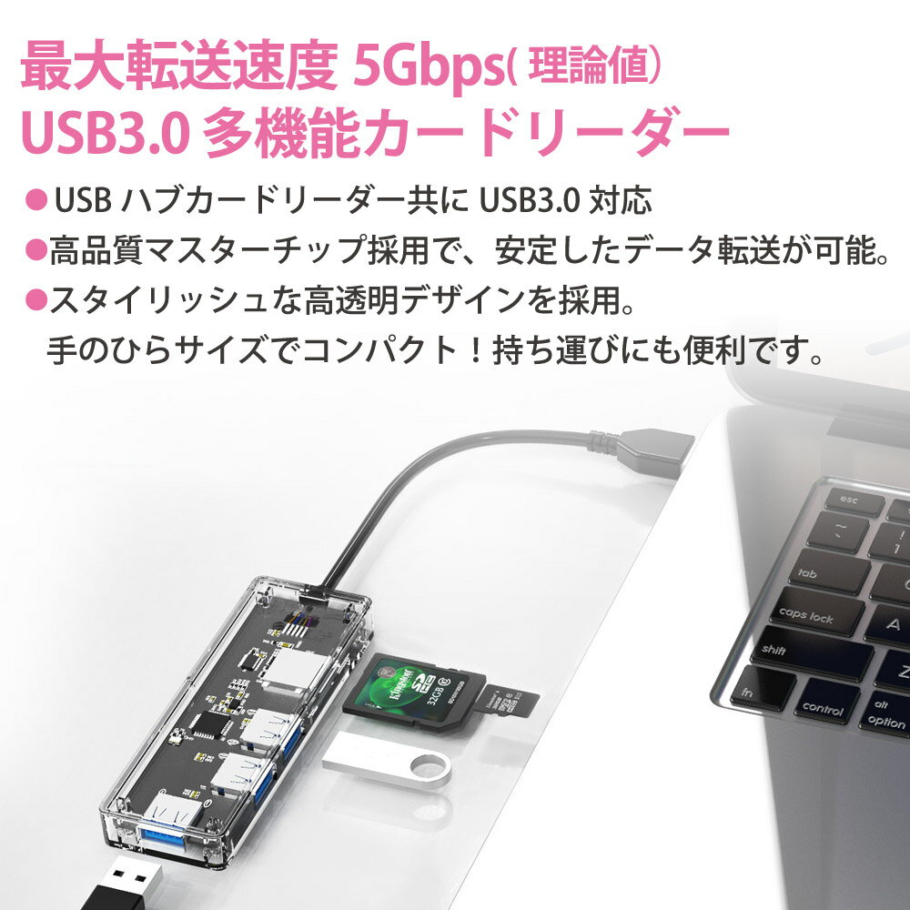 高透明USB3.2 Gen1 カードリーダー＋3ポートUSB HUB miwakura MPC-HU3PU3CR-R 【メール便送料無料】