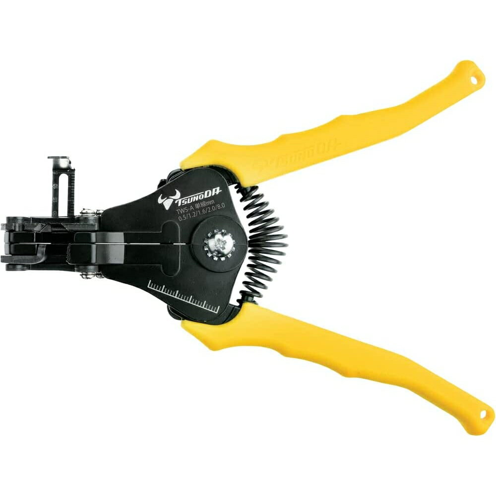 ■誰でも簡単、コツ要らず。らくらく剥けます。 ■簡易スケールゲージで長さを揃えて皮むきできるので、連続して同じ長さに剥き揃えるのに便利です。 ■はじめての方からプロまで使いやすいストリッパーです。 ■単線用、芯線サイズ:mm（0.5/1.2/1.6/2.0）AWG（24/16/14/12）です。 ■全長（mm）：166 ■重量（g）：335 ■保証期間：3ヶ月 ■メーカー名：ツノダ/Tsunoda Corporation ■型番：TWS-A