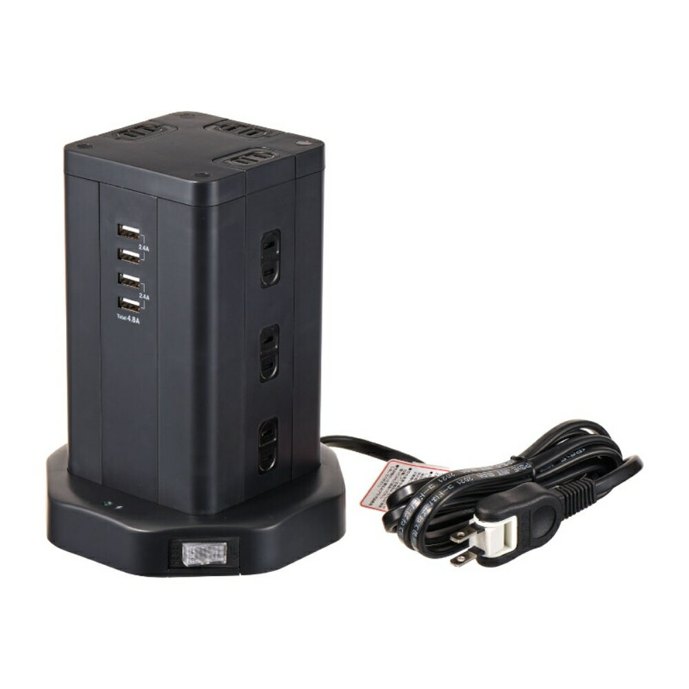 Rakuten - ELPA タワー型電源タップ AC12個口＋USB4ポート 2m 4.8A出力 ブラック WBS-TW1204USBBK 電源タップ OAタップ コンセントタップ 【送料無料】