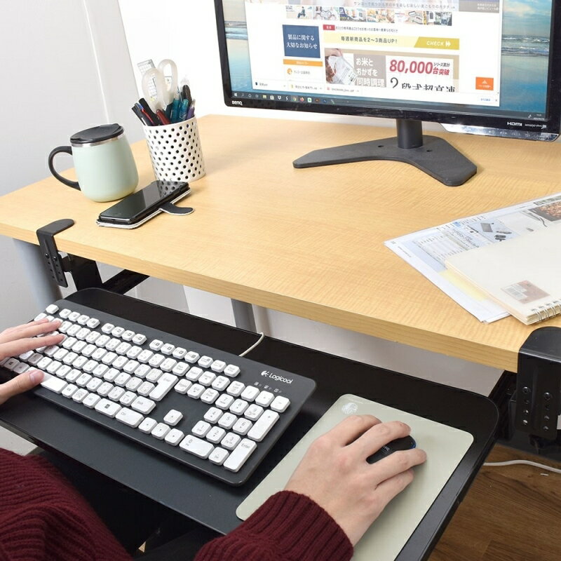 サンコー スライド式キーボードトレイ2 後付けできるデスク収納トレイ SCTAKTBK【...