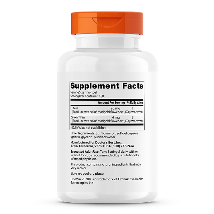ルテイン（ルテマックス） 20mg 180粒 Doctor's BEST（ドクターズベスト）[お得サイズ] Best Lutein Featuring Lutemax 180sg proteinusa-10007982 プロテインUSA サンプル画像3