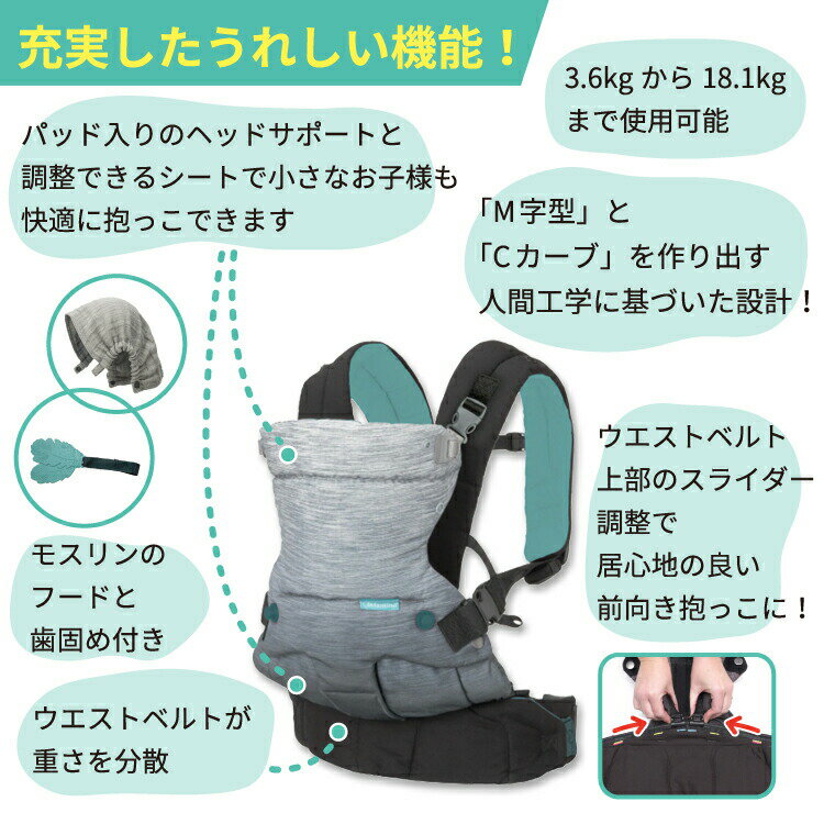 インファンティーノ ゴーフォワード 抱っこ紐 Infantino GO FORWARD 4way 前向き抱っこ 対面抱っこ おんぶ 赤ちゃん 幼児 人間工学 M字型 調整 3.6kg〜18.1kg
