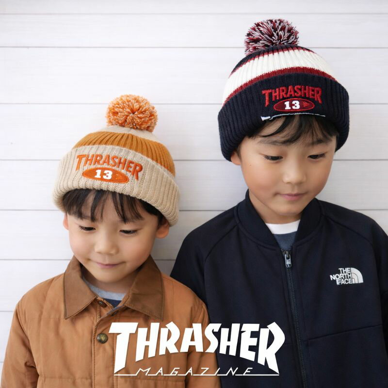 樂天商城 - THRASHER スラッシャー キッズ ニットキャップ NEW OVAL 梵天付き 24TH-N52K 子供用 ニット帽 帽子 男の子 女の子 防寒 秋冬