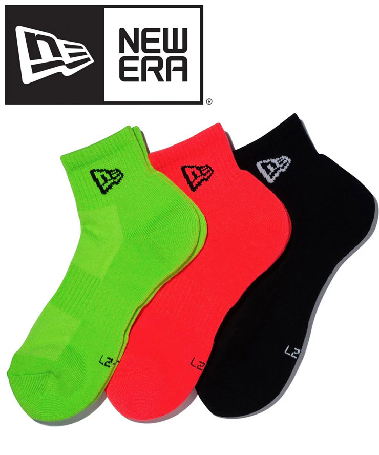 樂天商城 - 靴下 メンズ レディース 春夏 NEW ERA ニューエラ アンクルソックス 3足セット 14518190 ブラック ネオンオレンジ ネオングリーン SOCKS ANKLE 3PAIRS