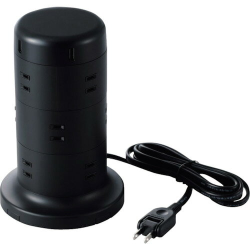 ELECOMタワー型タップ12個口雷サージ付ホコリ防止シャッター付固定可能2.0mブラックTT-U02-1220BK