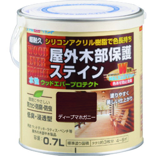 ●塗り面積(m2)：4〜6(畳枚数換算約3枚)●液性：水性(半造膜タイプ)●希釈剤：不要●乾燥時間：約1時間(夏)、約2〜3時間(冬)●塗り重ね可能時間：約2日(夏)、約4日(冬)●シリコンアクリル樹脂にHALS(紫外線劣化防止剤)とUV吸収剤を配合した高性能木部保護塗料です。●水性でありながら色あせに強く、塗り継ぎムラがでにくい塗料です。●防カビ、防虫、防腐効果に優れ、木部を長期間保護します。●塗り替え時でも、しっかりと色が付く半造膜ステインです。●ウッドデッキ、ラティス、木製家具、木製ベンチなどの屋外木部に。●塗りつぶしタイプの塗装面にはご使用になれません。●気温5度以下の場合、湿度85％以上の場合は塗装を避けてください。●塗れない場所の代表例(木以外の素材、塗装面、プリント合板やプラスチック、特殊処理をされた素材、屋内の床、乾燥不十分な木や竹材、食器類、ペットがかじったりする素材や場所など)。リニューアルに伴い、パッケージ・内容等予告なく変更する場合がございます。予めご了承ください。広告文責：楽天グループ株式会社050-5212-8316