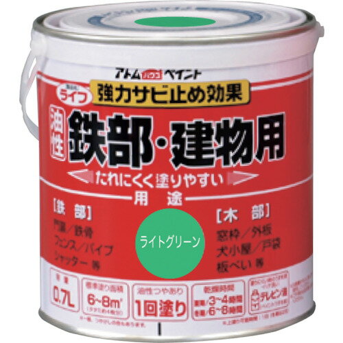 ●塗り面積：6〜8m2(畳枚数換算約4枚)●液性：油性つやあり(つや消し色は除く)●希釈剤：通常不要・濃いときはペイントうすめ液で5％以内●木部や鉄部に幅広く使える塗りやすい油性建物用塗料です。●強力さび止め効果で鉄部をサビから守ります。●門扉、鉄骨、シャッター、パイプなどの鉄部に。●窓枠、外板、戸袋、板塀などの木部に。●トタン、スレート、コンクリートには塗れません。●厚塗りするとチジミ現象が発生する可能性があります。●塗れない場所の代表例：浴室床、ユニットバス、池など水が溜まる所、油分がある所、アルミ、ステンレス、磁器タイル、化粧合板、ビニールクロス、プラスティック、鉄以外のメッキ面 、高級家具、バイク、自動車、床面全般などリニューアルに伴い、パッケージ・内容等予告なく変更する場合がございます。予めご了承ください。広告文責：楽天グループ株式会社050-5212-8316