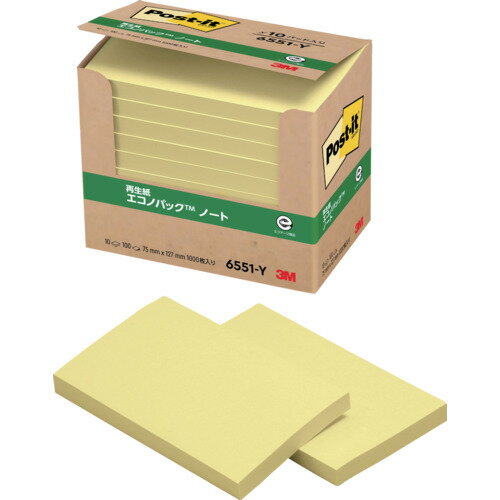 3M ふせん ポスト・イット ノート 75*127mm 100枚*10パッド イエロー 6551-Y