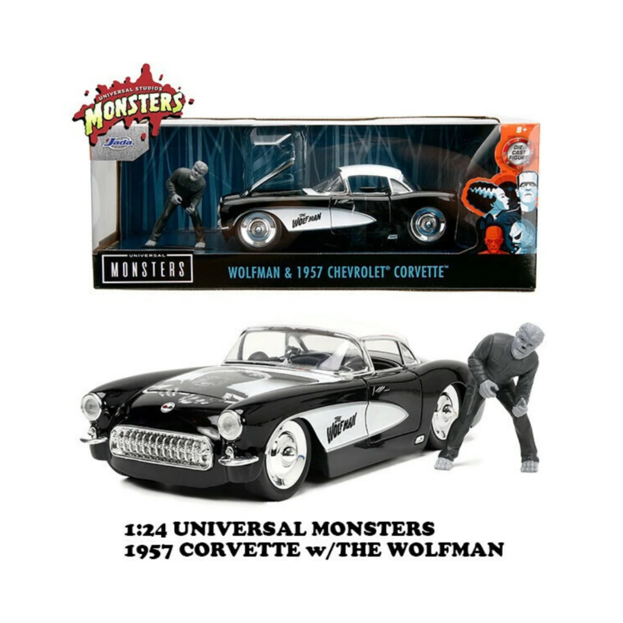 ユニバーサル モンスター ウルフマン ミニカー Jada ジャダ JadaToys アメリカ雑貨 映画 アメリカン アメ車 ホラー スリラー SF ムービー カフェ 店舗 フィギュア ホビー おもちゃ インテリア 飾り 1/24 サイズ UNIVERSAL MONSTERS 1957 CHEVY CORVETTE WOLF MAN