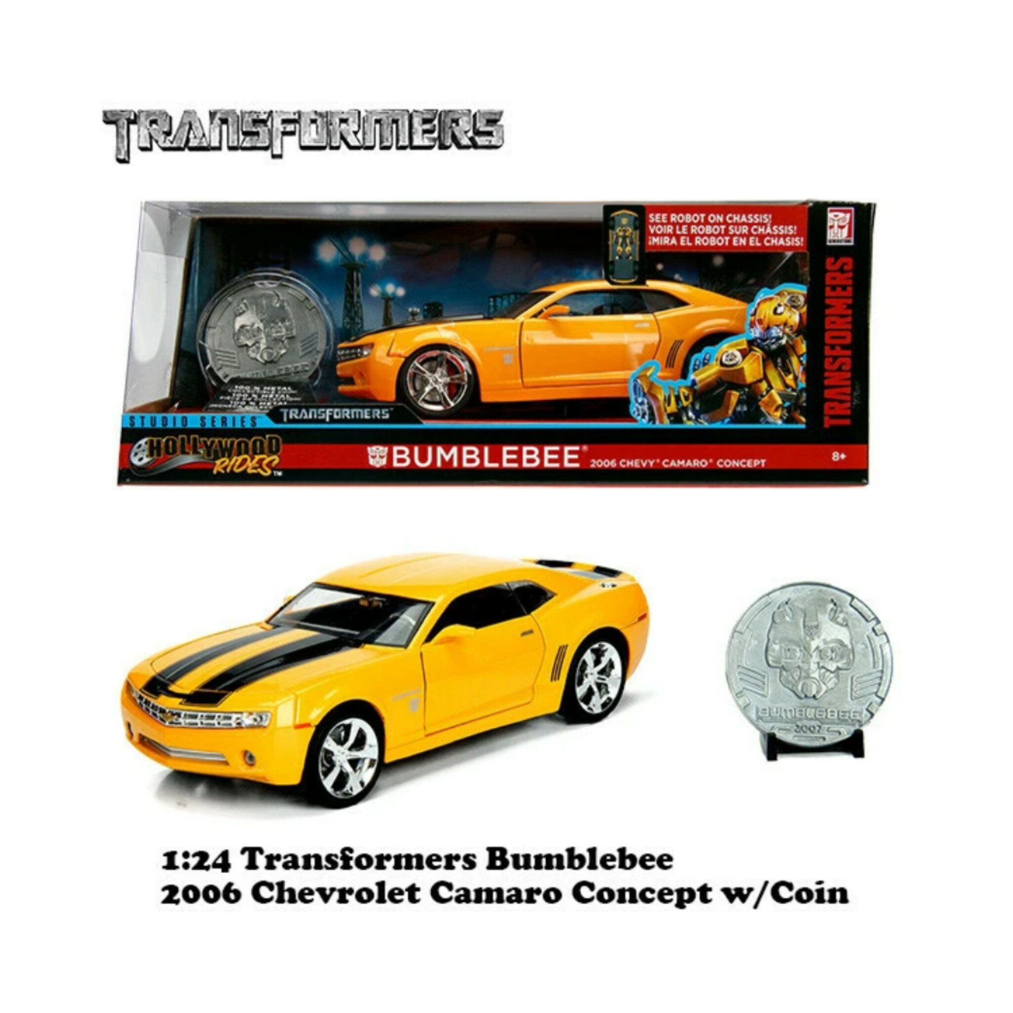 トランスフォーマー バンブルビー ミニカー Jada ジャダ JadaToys アメリカ雑貨 アメ車 カスタム カフェ 店舗 フィギュア ホビー おもちゃ カッコいい インテリア 飾り 1/24 サイズ 映画 イエロー シボレー カマロ TRANSFORMERS BUMBLEBEE 2006 CHEVROLET CAMARO w/COIN