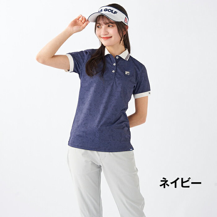 FILA ポロシャツ ゴルフウェア レディース 女性用 半袖 フィラ 遮熱 吸汗速乾 ストレッチ UVカット スポーツ スイング 運動 快適 総柄 夏ゴルフ ウェア