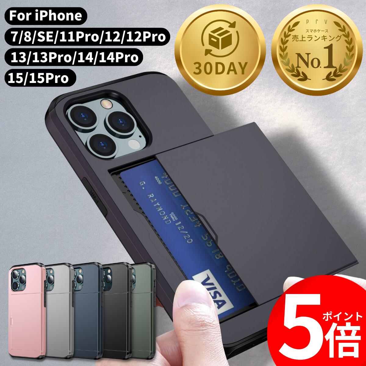 ★ランキング1位★本日限定！10 OFF＆ポイント8倍！★【 財布いらずのiPhone ケース 】iPhone11Pro / iPhone12 / iPhone12Pro / iPhone13 / iPhone13Pro / iPhone14 / iPhone14Pro / iPhone15 / iPhone15Pro / iPhone8/7/SE MIL規格 背面 カード収納 2枚 タッチ決済