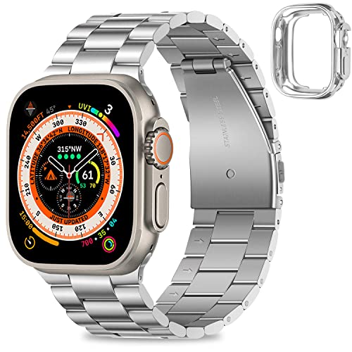 [HITZEE] 2023新型 Band コンパチブル Apple Watch バンド Ultra 49mm アップルウォッチバンド 保護ケース付き ステンレスメタル腕時計バンド ビジネスウーマンメンズバンド Apple Watch Ultra 2 Ultra に対応 (銀)