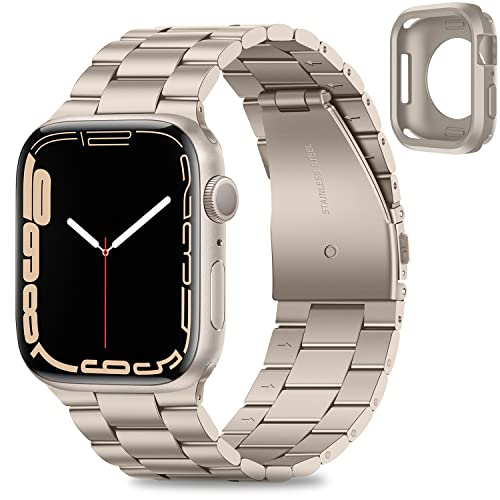 [HITZEE] 2023新型 Band コンパチブル Apple Watch バンド 45mm 44mm 42mm アップルウォッチバンド 保護ケース付き ステンレスメタル腕時計バンド ビジネスウーマンメンズバンド Apple Watch SE2 SE シリーズ 9 8 7 6 5 4 3 2 1に対応 (スターライト)