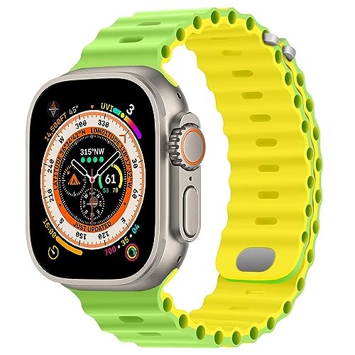 [HITZEE] Band コンパチブル Apple Watch バンド 49mm 45mm 44mm 42mm レディース メンズ スポーツ アップルウォッチ バンド ベルト バックル付きの柔らかいシリコンバンド Apple Watch Ultra 2 シリーズ 9 8 7 SE 6 5 4 3 2 1に対応（グリーンイエロー）