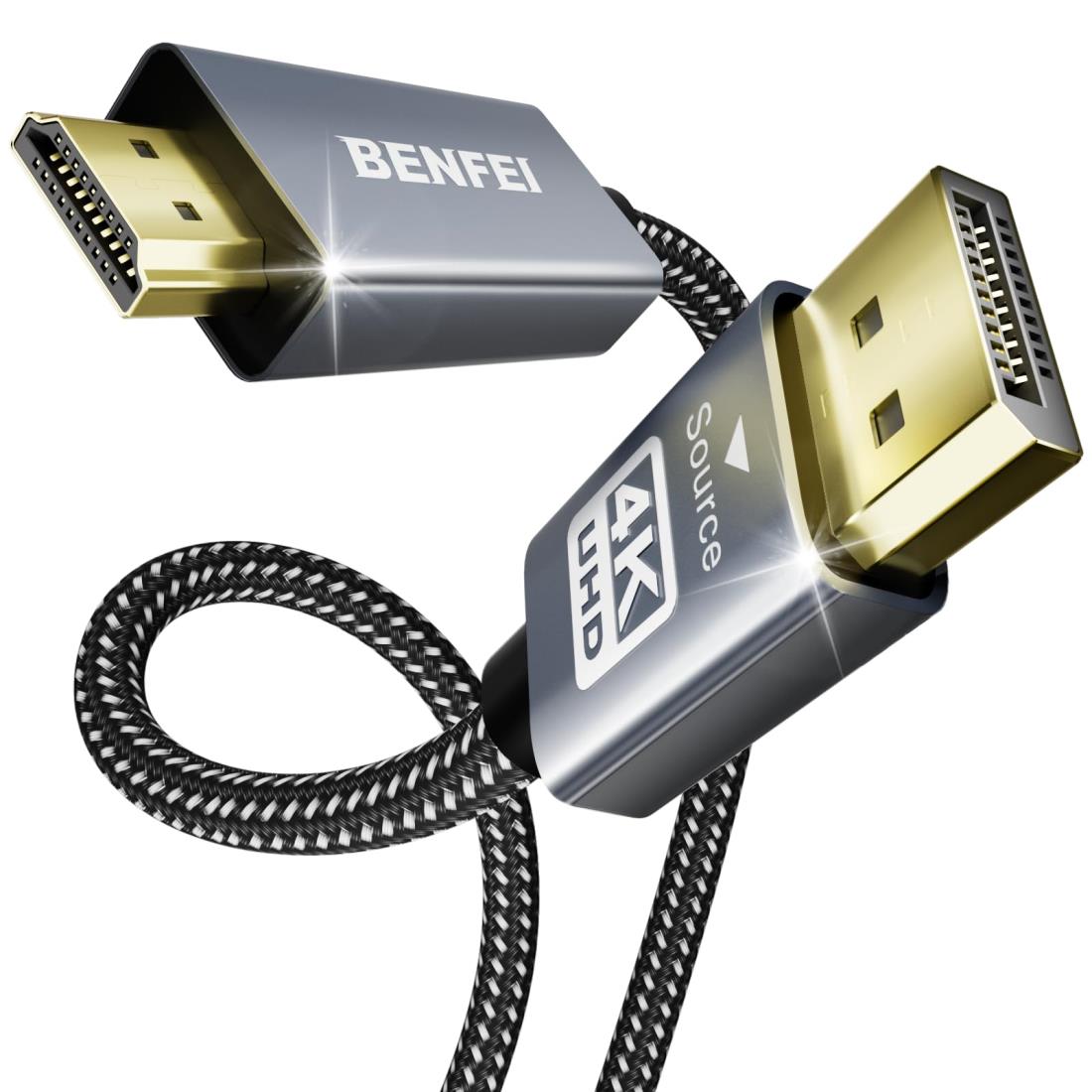 BENFEI 4K DisplayPort - HDMI 4.5m ケーブル [アルミニウム シェル、ナイロン編組]、単方向 DP 1.2 コンピューター to HDMI 1.4 スクリーン ケーブル HP、ThinkPad、AMD、NVIDIA、デスクトップなどと互換性があります（オス-オス 、逆方向に非対応）