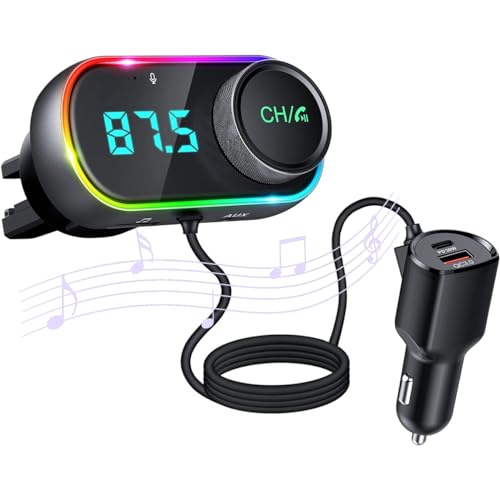 FMトランスミッター Bluetooth5.0 車用 Uandear 車載充電器 急速充電tpety-C PD 30W&QC3.0 FM transmitter 車載 FMブルートゥース シガーソケット 7色ライト ハンズフリー通話 ノイズリダクション USBメモリー/Aux-in/Google assistant＆Siri/対応 自動音楽再生【日本語説明