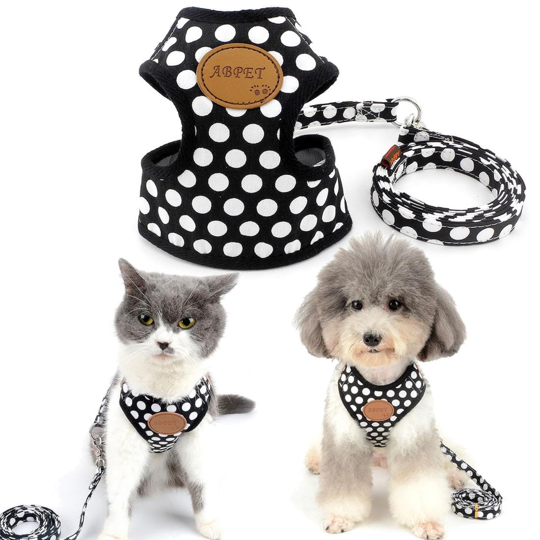 ペット犬 猫 用 ハーネス ドット柄 かわいい 小型犬 超小型犬 ハーネス リード セット 抜けない 水玉 メッシュ いぬ ねこ 胴輪 子犬 ベスト お散歩 首輪 通気性 軽量 調節可能 簡単着脱 安全 訓練 出かけ べる 黒L