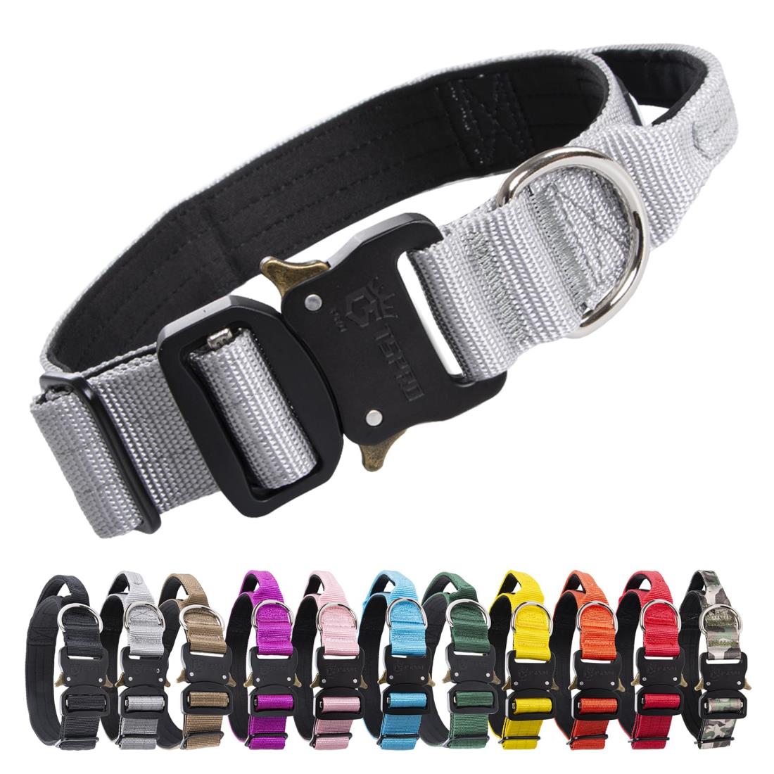 TSPRO プレミアム ハンドル付き犬用首輪 調節可能な犬用首輪 クイックリリース金具 犬の首輪 厚い 犬 首輪 中型から大型犬用 (ぎん M)