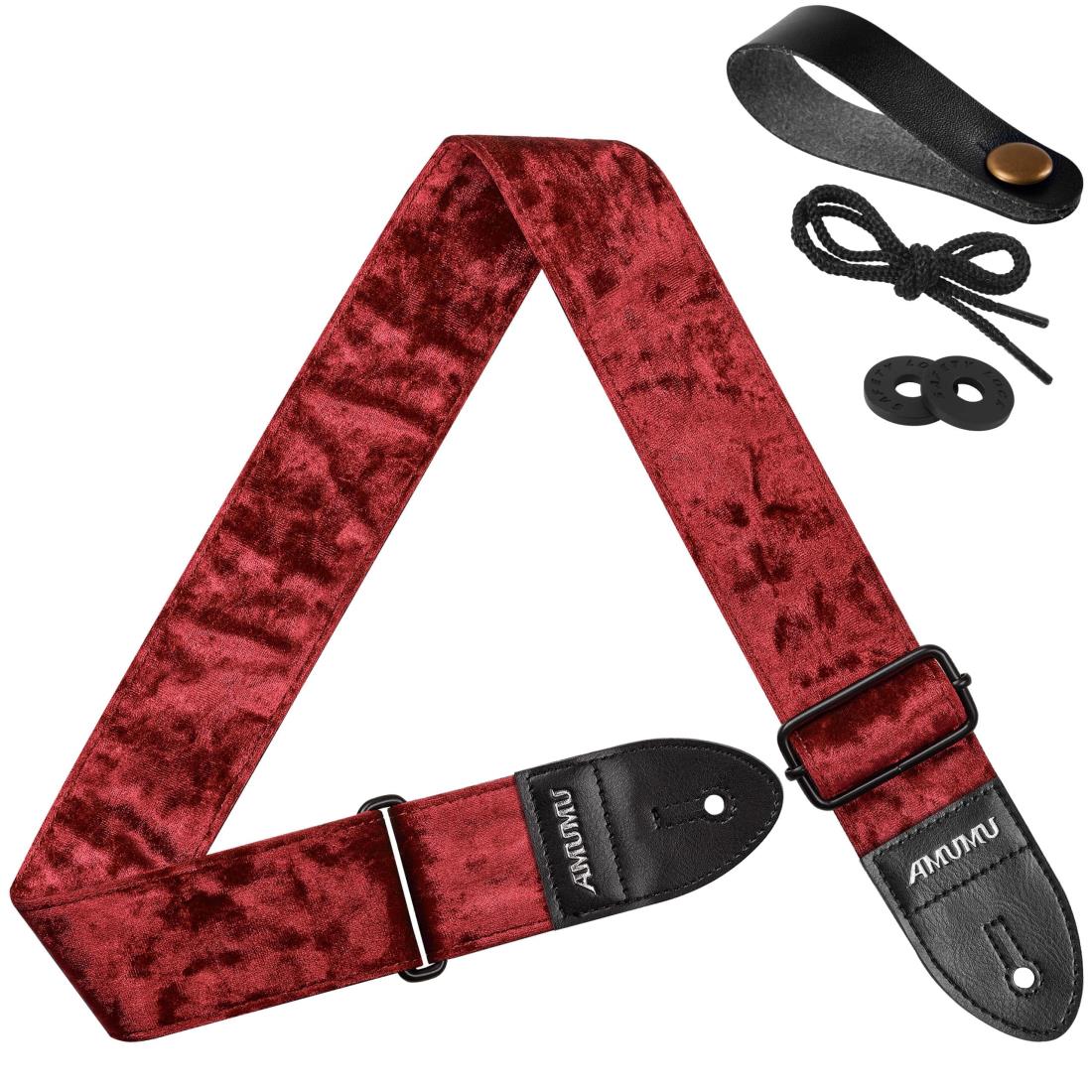 [Amumu] フロックベルベットギターストラップ マイクロファイバーレザーエンド付きアコースティックギター、ベースギター、エレキギターに対応 - レッド