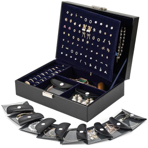ProCase ジュエリーボックス アクセサリーケース ピアス袋10枚入 宝石箱 ジュエリーオーガナイザー 小物入れ ネックレス リング 腕時計 メガネ収納（ブラック）