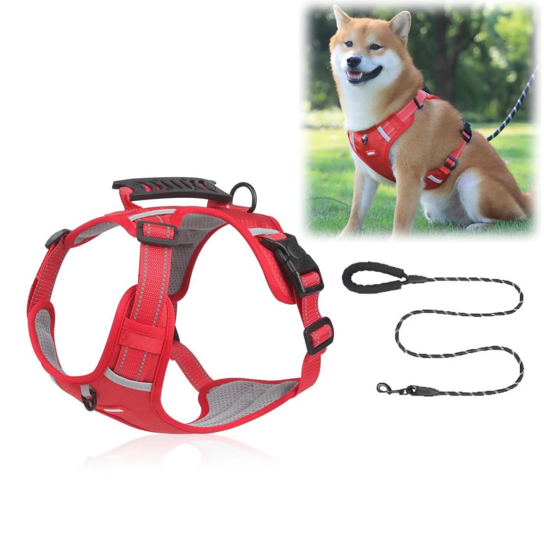 GIIPET 犬用ハーネス 全サイズ対応 引っ張り防止 イージーウォーク 超小型犬〜大型犬 首輪代わり 一体式ソフトハーネス 反射機能&グリップ付き 快適散歩サポート (レッド, L（10-30kg）)
