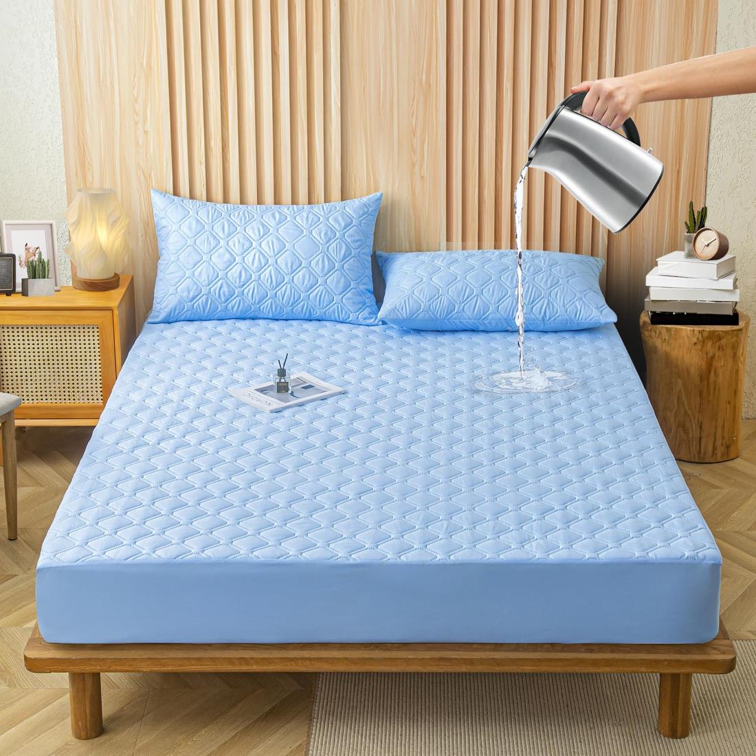 防水ボックスシーツ ダブル防水シーツ 敷パット マットレスカバー 介護用防水シーツ ベッドカバー マットレスカバー ペットシーツ 抗菌防臭 通気性 ベッドカバー さらさら肌触り ナチュラル おしゃれ 安眠 無地 防ダニ オールシーズン（ダブル·140X200*30cm スカイブルー）