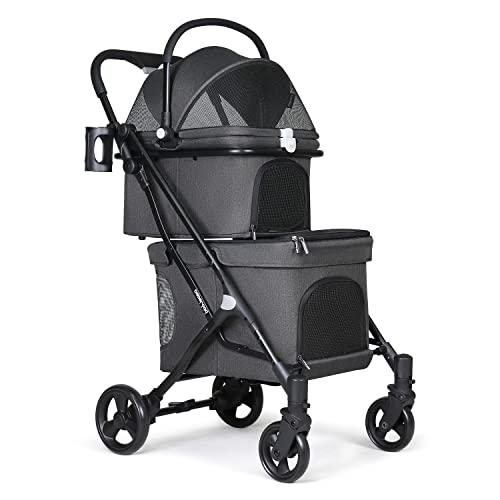 BEBEROAD PETS ペットカート 犬カート ペットバギー 犬用キャリーカート 2段式の上下段セット 飛び出し防止リード付き 多頭 猫 犬 小型犬 中型犬 取り外し可能 分離型 軽量 前輪360°回転 お出かけ 多機能 組み立て簡単 ワンタッチ折り畳み式 耐荷重(約) 上段10KG 下段15KG（のサムネイル