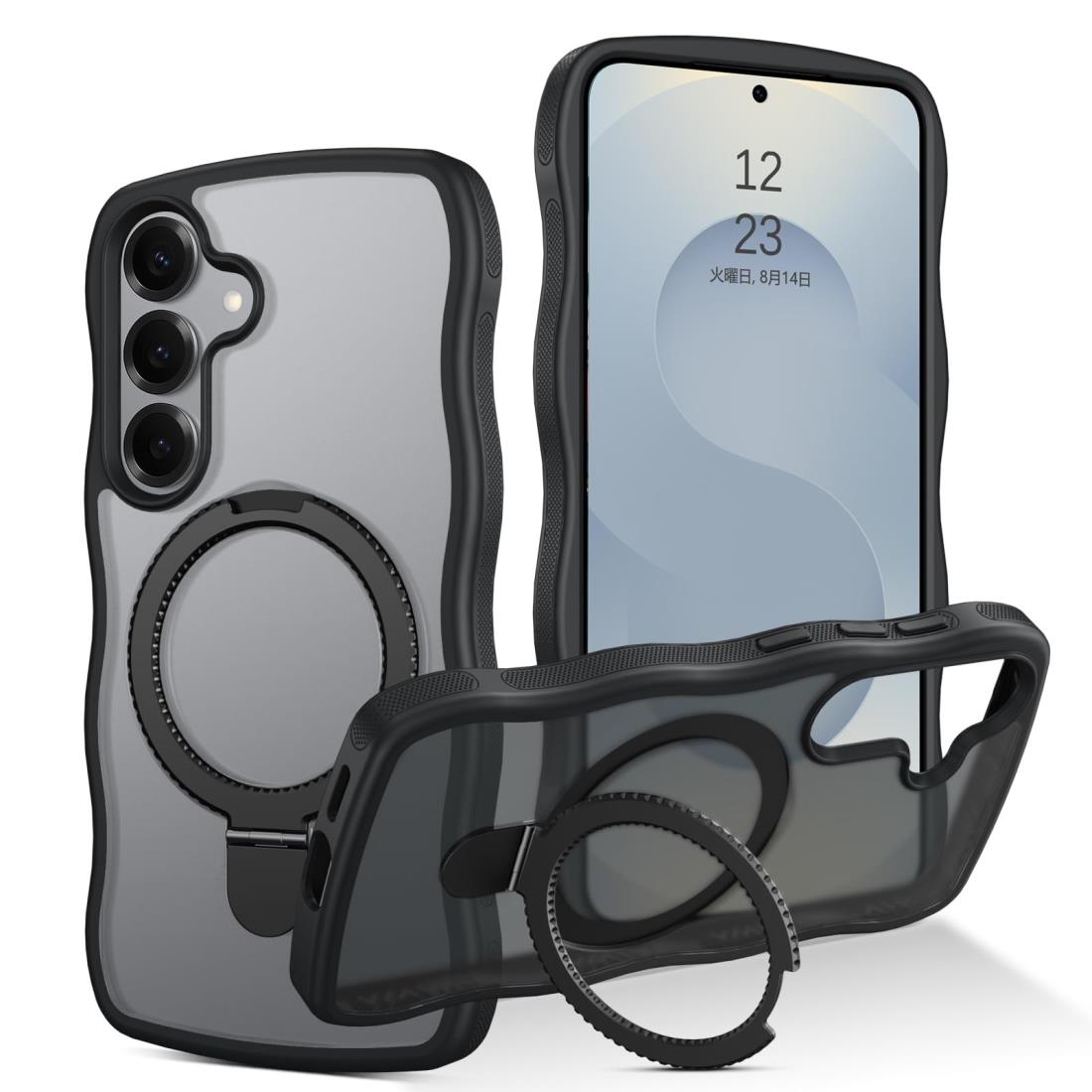 [ウェーブ&スタンド]GUAGUA Samsung Galaxy S25/S24 スタンド ケース ウェーブ MagSafe対応 半透明 縦横両対応 リング付き ギャラクシー S25 S24 可愛い マグネットケース うねうね 韓国 120°開閉可能 耐衝撃 指紋防止 マット感 滑り止め サムスン ギャラクシー S24/S25 な