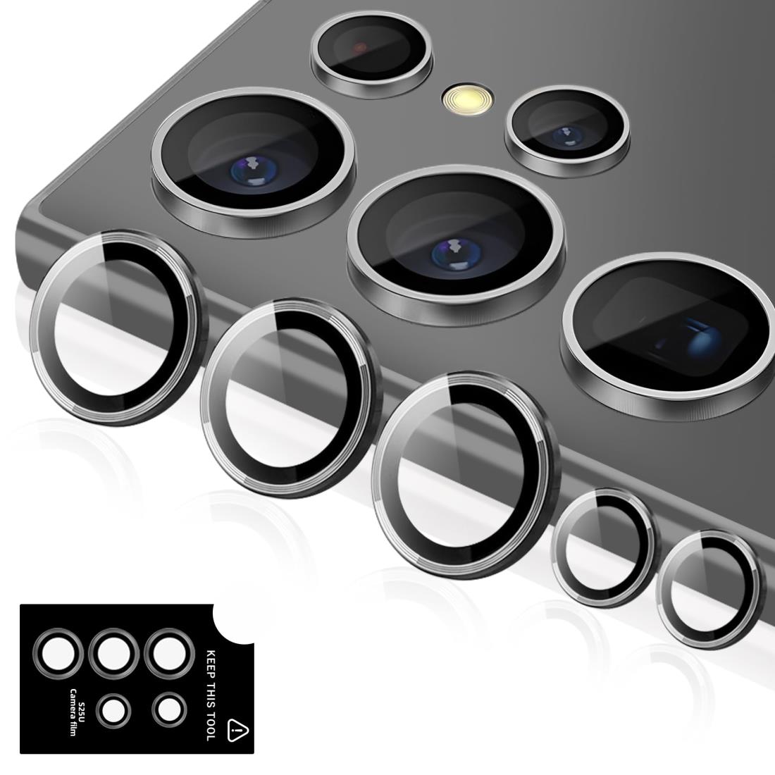 Kakuki for Galaxy S25 Ultra 用 カメラフィルム ギャラクシーS25ウルトラ カメラ保護フィルム 薄型 強化ガラス 耐衝撃 独立型 露出オーバー防止 アルミ合金 カメラカバー (ブラック)