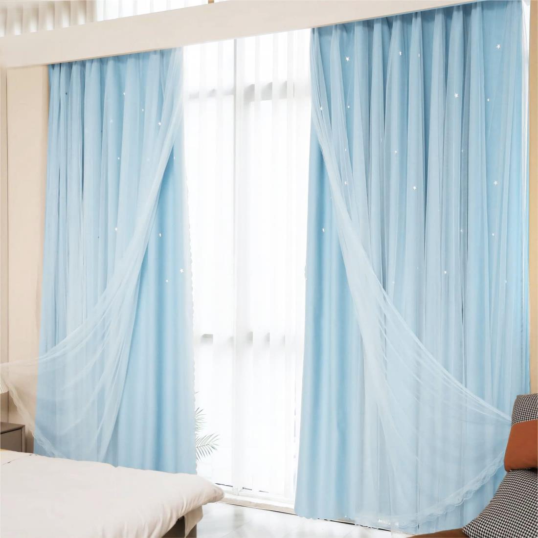 カーテン 姫系 遮光 レースカーテン付き 2枚組 丈200cm×幅100cm 一体型カーテン 二重 星柄 おしゃれ 厚..