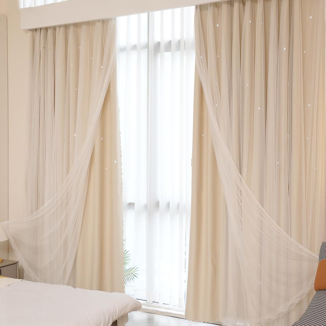 カーテン 姫系 遮光 レースカーテン付き 1枚組 丈230cm×幅150cm 一体型カーテン 二重 星柄 おしゃれ 厚..