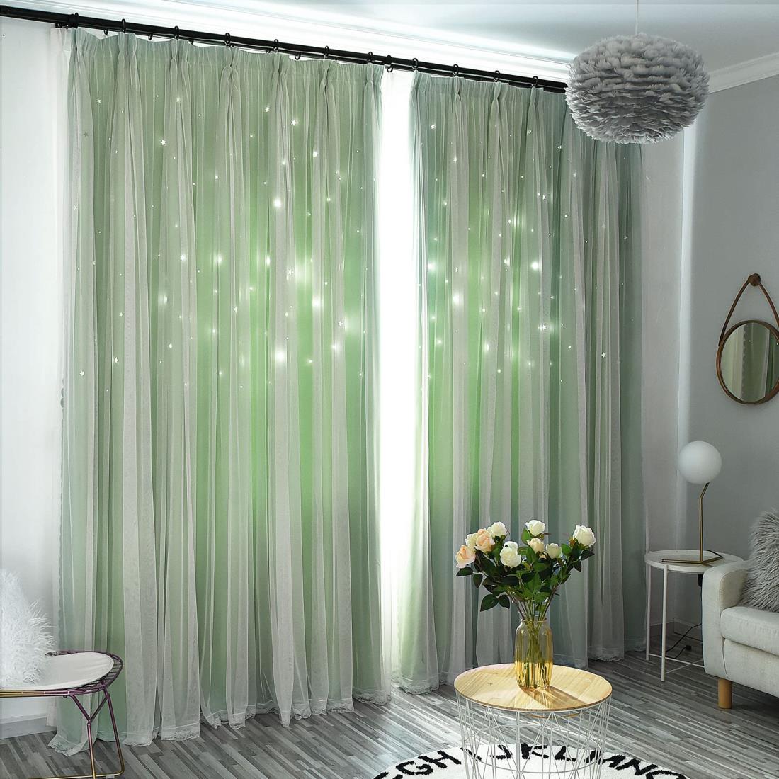 カーテン 姫系 遮光 レースカーテン付き 2枚組 丈200cm×幅100cm 一体型カーテン 二重 星柄 おしゃれ 厚..