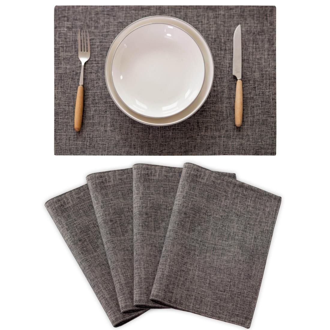 Demetex ランチョンマット 布製 綿麻 マット 二層生地縫製 無地 和風 柔軟性 厚手 断熱 滑り止め お手入れ簡単 丸洗い キッチン 飾り 家庭用 レストラン用 部屋 食堂 ホテル 幼稚園 家庭食事マット シンプル 4枚セット、ダークグレー