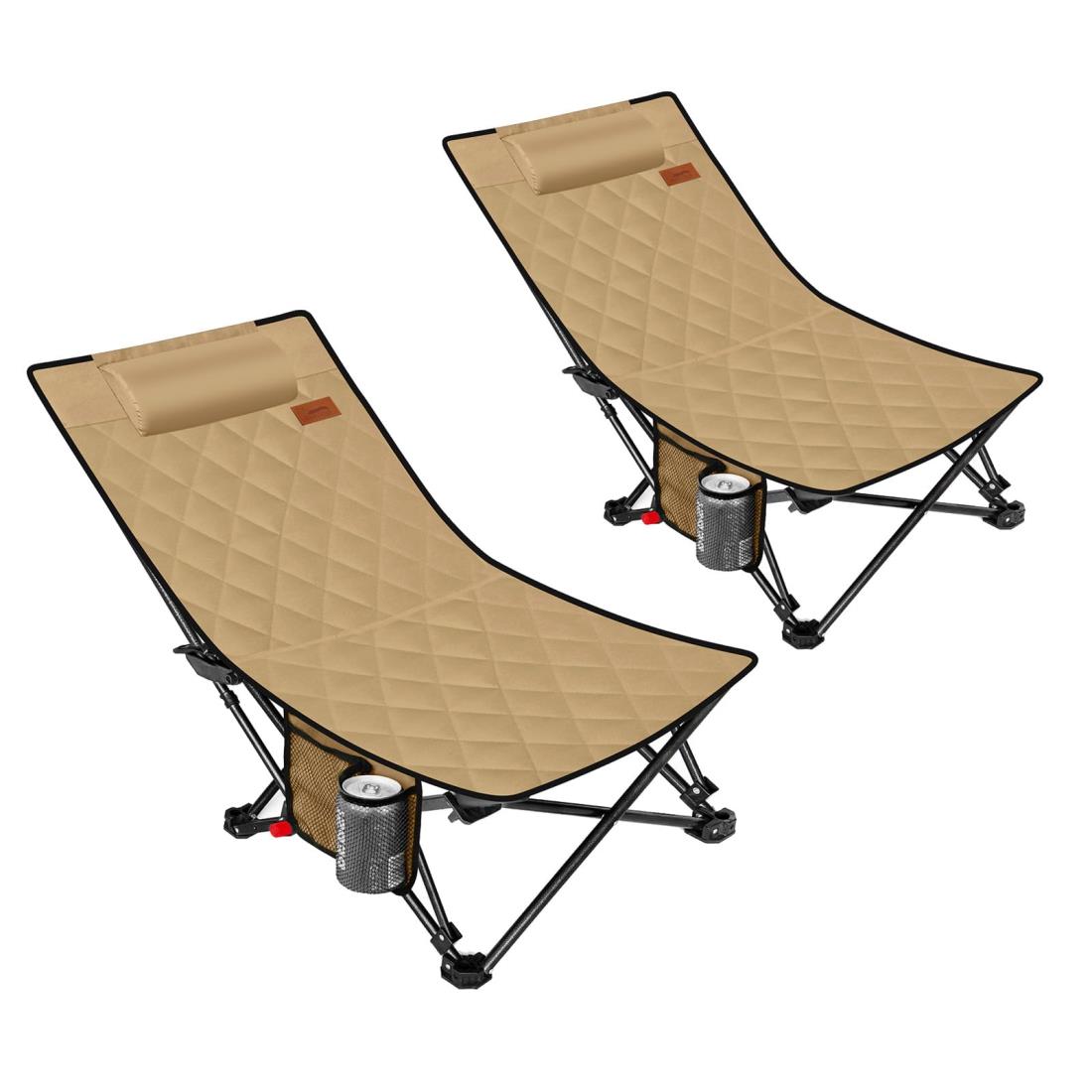DesertFox キャンプチェア リクライニングチェア アウトドアチェア 折りたたみ 背もたれ角度4段階調節 コンパクト 1秒設営・撤収 ローチェア 軽量【耐荷重150kg】イス 椅子お釣り 登山 携帯便利 ピクニック レジャー キャンプ用 STY (カーキ/2個)
