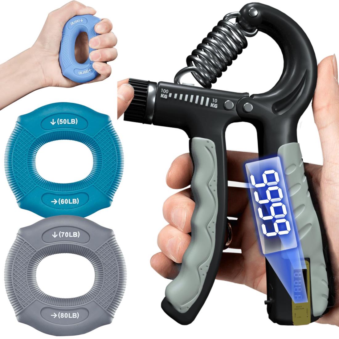 TattiOut ハンドグリップ1個+握力リング2個セット 可変式 電子カウンター ボタン電池内蔵 筋トレ 握力..