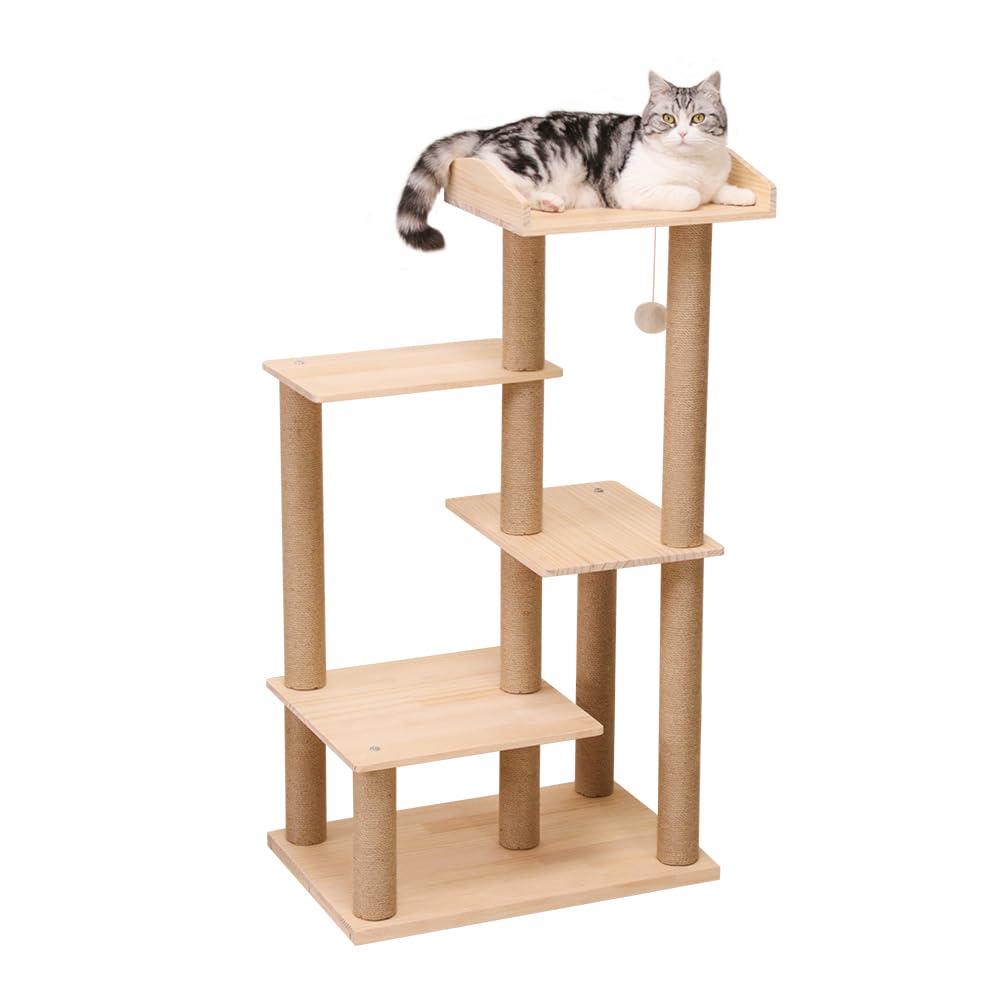 PETTIFUL キャットタワー 木登り 木製 スリム 大型猫 木登り 据え置き 天然木 おしゃれ 多頭飼い キャ..