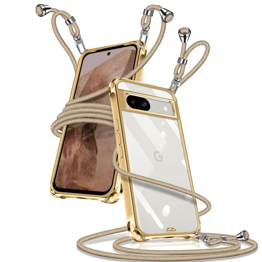 Google Pixel 8a ケース クリア ショルダー Google Pixel 8a スマホケース 携帯ストラップ ピクセル8a カバー 肩掛け 斜めかけ 縄掛けケース 透明 薄型 軽量 TPU 携帯ケース 紐付き 斜めがけ 織りストラップ付き 長さ調整可能 取り外し可能 落下防止 紛失防止(ゴールド)