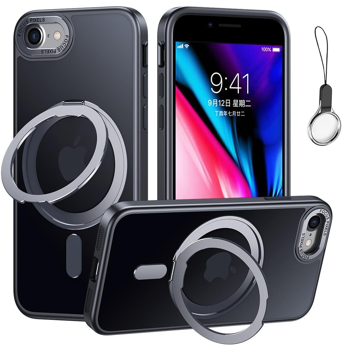 iPhoneSE3/SE2/SE/8/7 用 ケース Magsafe対応【360°回転可能な Magsafeリングスタンド ホルダー 一体型・ストラップ1種付き】アイフォンSE 第3/2世代 iPhone 8カバースタンド機能 縦横両対応 HILEGENERケース 耐衝撃 カメラレンズ保護 半透明 マット感 隠しスタンドケース