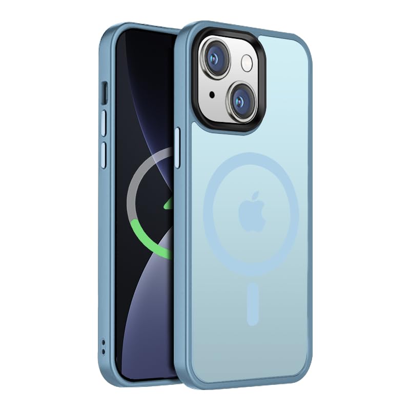 【米軍規格・MagSafe対応】Gtsoho iPhone14 ケース iPhone13用 ケース 半透明 マグネット搭載 ワイ ヤレス充電 耐衝撃 耐久性 全面保護 黄ばみなし ストラップホール付き イフォン13 / 14用 カバー マグセーフ対応 ライトブルー