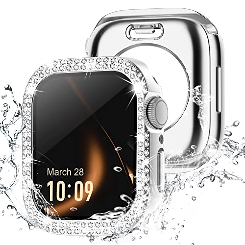 【360度防水設計】Missair コンパチブル アップルウォッチ カバー キラキラ Apple Watch カバー 防水ケース 44mm ダブルダイヤモンド 保護フィルム付き 一体型 IP68完全防水 iWatch ケース Series 6 5 4 SEに対応 お洒落 女性専用 シルバー 44mm