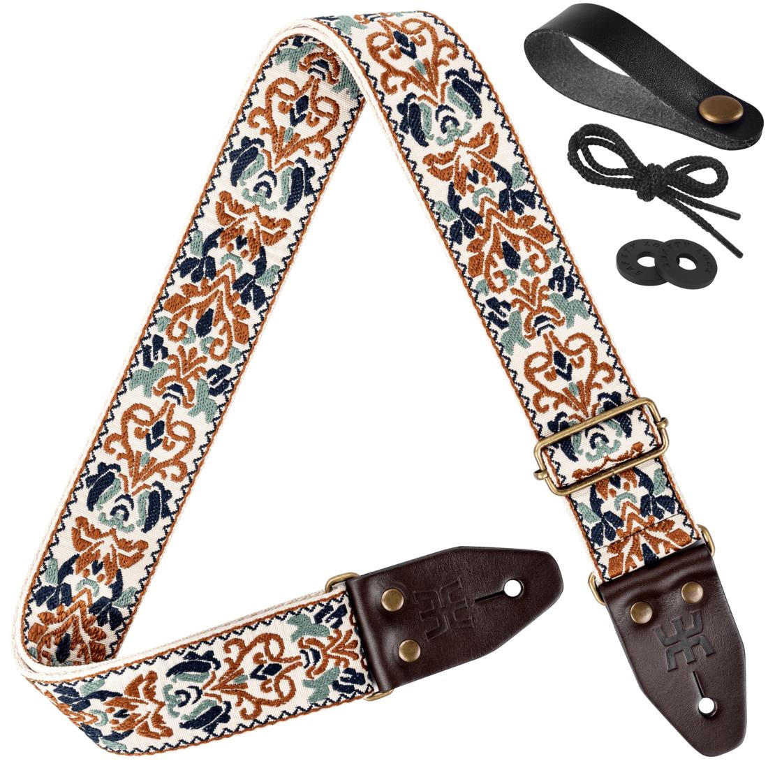 [Amumu] ギターストラップ フラワーオブライフ刺繍 トップグレインレザー ベース用 エレクトリック&アコースティック用 (ホワイト), ホワイト, 37.5“- 64“