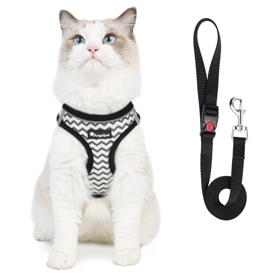 Angelpet 猫用 ハーネス 猫 ハーネス 抜けない ねこ 胴輪 リード付き 通気メッシュ ダブルロック 夜反射ストライプ付き ネコ ハーネスとリードセット 犬猫兼用 小型犬 超軽量 おしゃれ 散歩 出かけ用 簡単脱着 (標準版, XS)