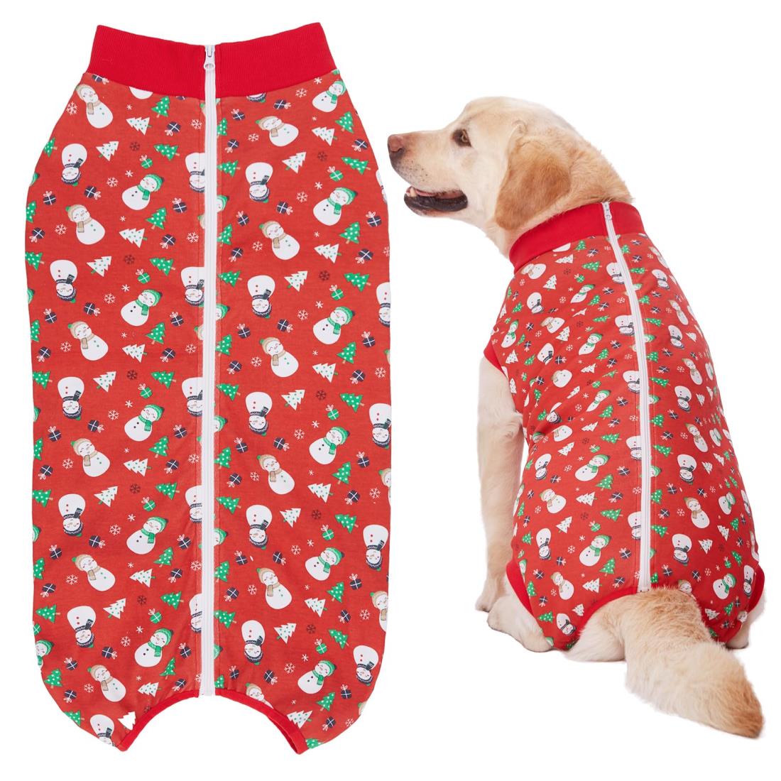 KUVEELA PET 大型犬 中型犬 術後服 メス オス 犬 手術後 服 犬用術後ウェア 介護服 ペット服 エリザベスカラー 避妊 離乳 傷口保護（（スノーマン柄）レッド 3L）