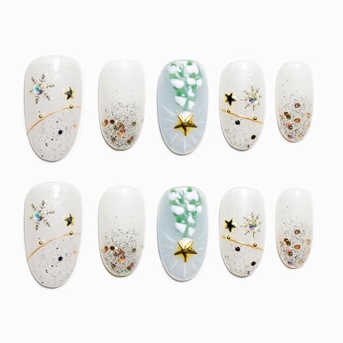 Sun&Beam Nails 手作り ネイルチップ ミディアム ロング ラウンド オーバル ゴールド ホワイト つけ爪 クリスマス デザイン おしゃれ 付け爪 10枚入 (#141 S)