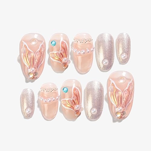 Sun&Beam Nails 手作り ネイルチップ ミディアム ロング オーバル つけ爪 ピンク 肌色 マーメイド デザイン 人気 おしゃれ 可愛い 付け爪 10枚入 (#104 L)