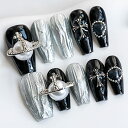 Sun&Beam Nails 手作り ネイルチップ ミディアム ロング バレリーナ ブラック 黒 銀 人気 3D おしゃれ 可愛い かっこいい デザイン つけ爪 付け爪 収納ボックス付き 10枚入 (#44 L)