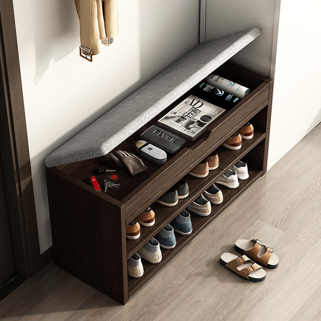 Fuyutu 玄関ベンチ 玄関椅子 下駄箱 耐荷重200kg 玄関に靴を効率収納 収納ボックス付き 収納ベンチ 玄..